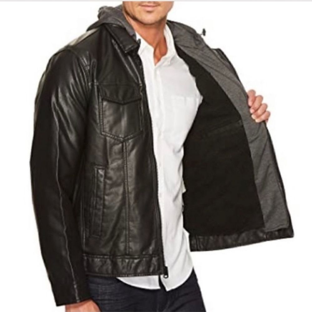 Levi’s Black Faux Leather Sherpa Hooded Bomber Jacket Sz XL - Picture 3 of 16